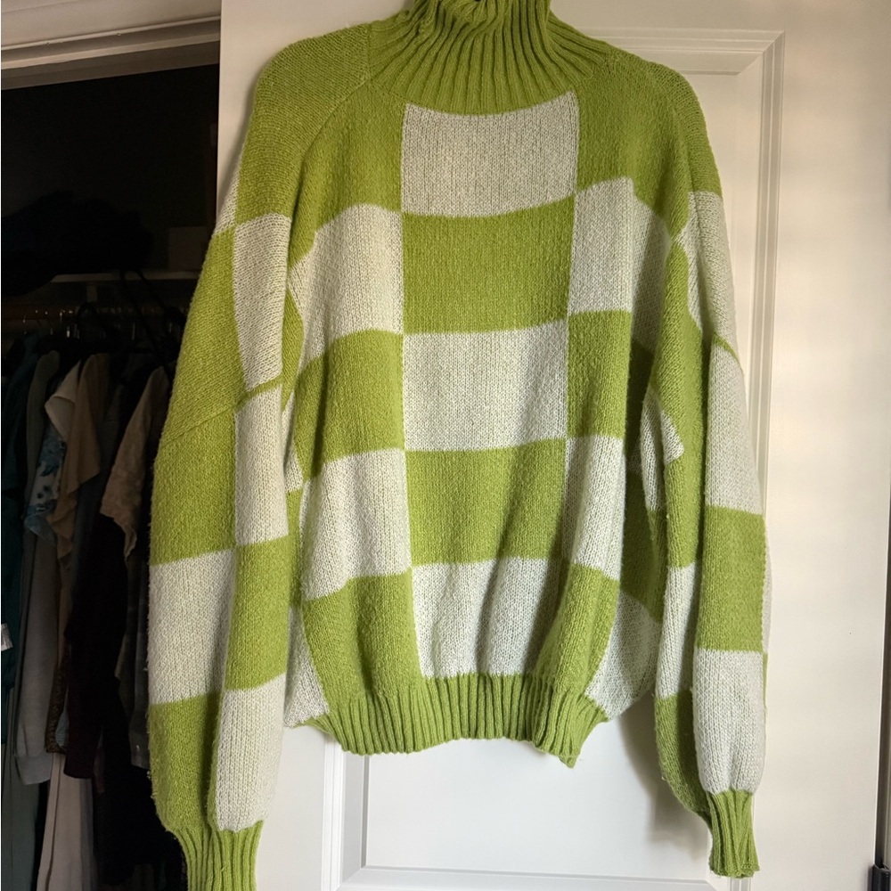 Lime Green and White Checkered Turtleneck Sweater